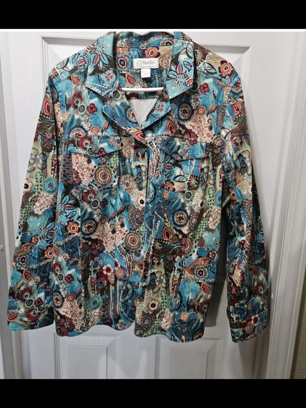 CJ Banks Teal Floral Patchwork Button-Front Jacket 1 Xl